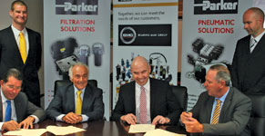 Back row: Christian Malan, general manager, Parker Hannifin South Africa; Wayne Holton, general manager, BMG Fluid Power. Seated: Barry Mackay, regional general manager, SCEMEA – southern region; Charly Saulnier, president, EMEA and corporate vice president, Parker Hannifin; Arnold Goldstone, CEO, Invicta Holdings; Gavin Pelser, executive director, BMG.